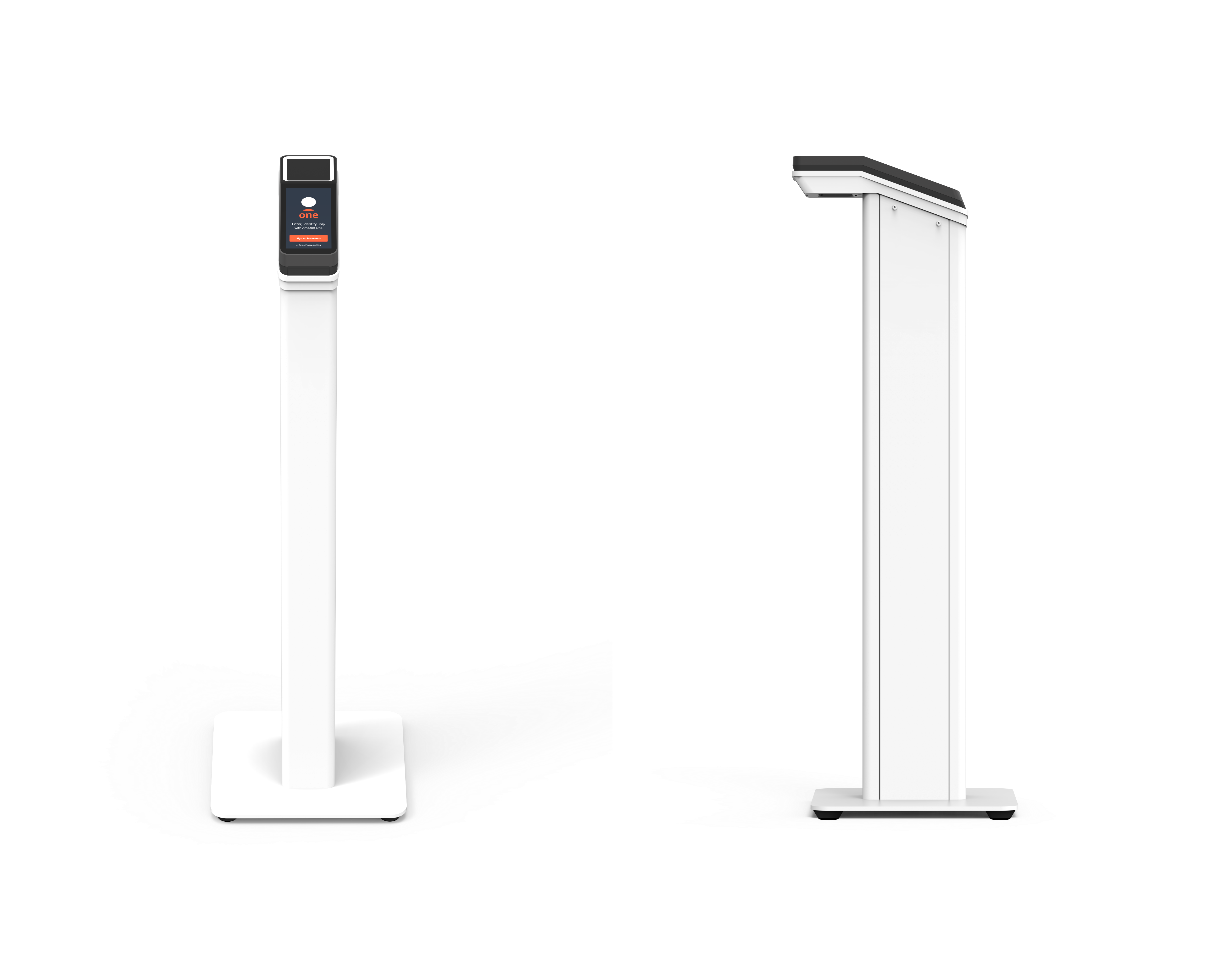 Two white pedestal devices with digital screens, one displaying "One" branding.